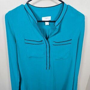 Like NEW Ann Taylor Loft Teal Long Sleeve Blouse with Black Contrast Size XS